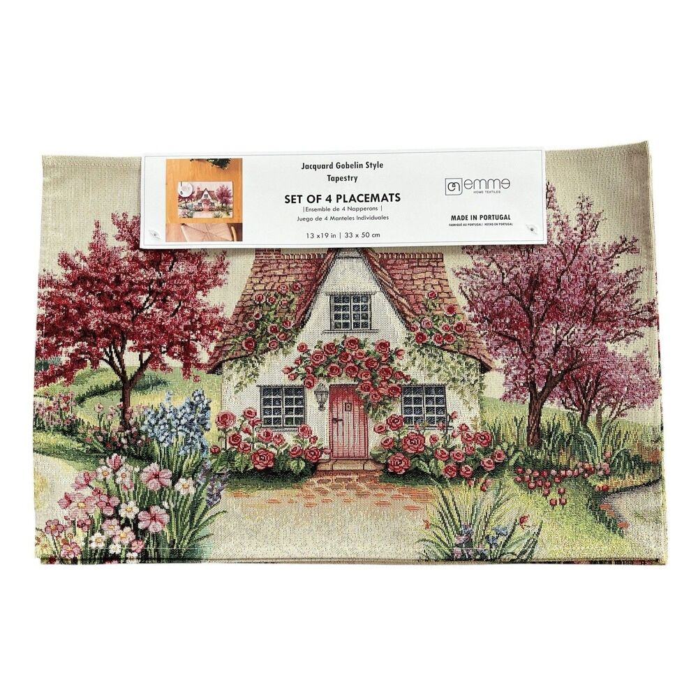 EMME Jacquard Gobelin Tapestry 4 Table Placemats Cottage Garden Portugal New